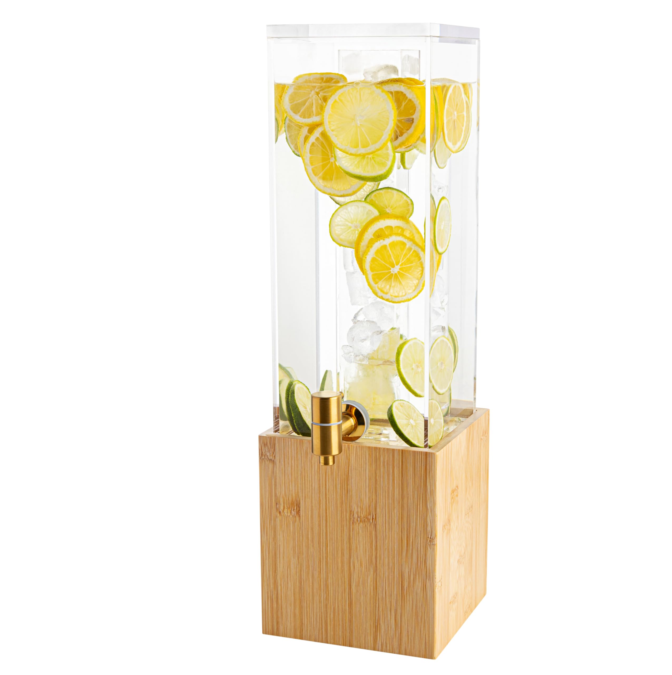 Photo 1 of 1.25 Gallon Acrylic Beverage Dispenser with Bamboo Stand – Iced Drink Dispenser with Stainless Steel Spigot & Built-in Ice Core