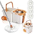 MASTERTOP Floor Spin Mop Bucket System with Wringer Set - Stainless Steel Mop Handle, Separate Clean and Dirty Water, 4 Washable Microfiber Mop Head, Cleaning Bucket Easy to Store