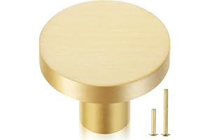 QOGRISUN 10-Pack Solid Brass Cabinet Knobs, 1-Inch Diameter, Round Gold Dresser Drawer Pulls Handles, Modern Kitchen Hardware, Brushed Brass Finish