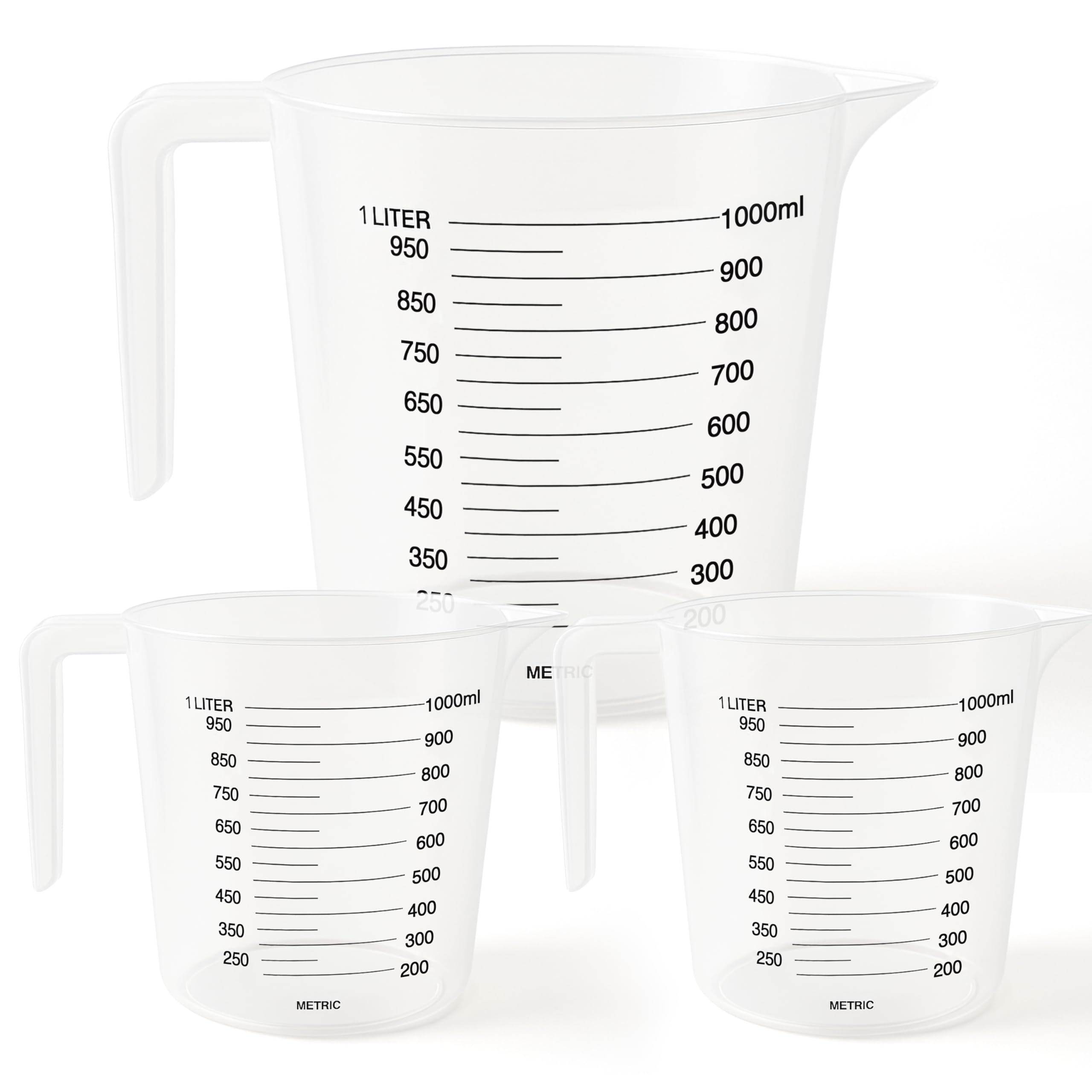 SOL 3pk Plastic Measuring Jugs 1 Litre Capacity Clear Measurement Markings Durable Lightweight Liquid Measuring Cups for Cooking Baking Mixing Kitchen Preparation Stackable Easy Clean Pouring Spout