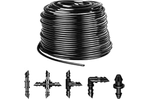 JAYEE 100Ft 1/4 Inch Drip Irrigation Tubing with 33 Pcs Drip Irrigation Parts - 10 Couplings, 10 Tees, 4 Elbows, 4 4-way Couplings, 5 End Plugs - Drip Irrigation Hose Kit for Drip or Sprinkler Systems