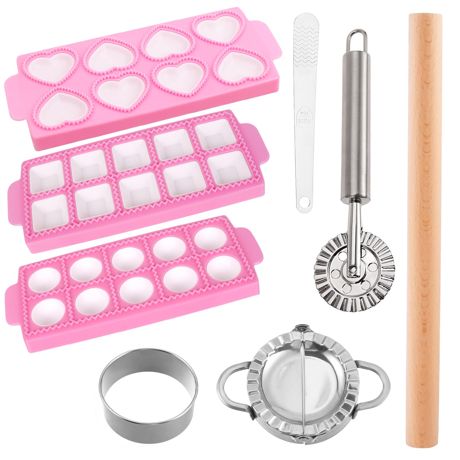 Photo 1 of Krbnk 8pcs Ravioli Mold Set- 3 Rectangle Ravioli Maker Press + Dumpling/Pasta Cutter, Round Ravioli Cutter, Rolling Wheel, Dough Rolling Pin - Complete Pasta Making Tools for Ravioli Empanada