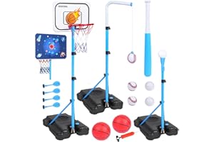 BIULOTTER 4 in 1 Kids Basketball Hoop, Basketball Hoop for Kids with Dart Board & T Ball Set & Hanging Baseball Basketball Toys Indoor & Outdoor Toddler Boy Toys Birthday Gifts for Boys Girls Ages 3+
