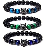 yijan 3Pcs Save A Wolf Bracelet,Wolf Head Lava Rock Bracelet,Healing Crystal Stress Relief Anti Anxiety Energy Stone Beaded Bracelet,Adjustable Bracelet for Men (Set)