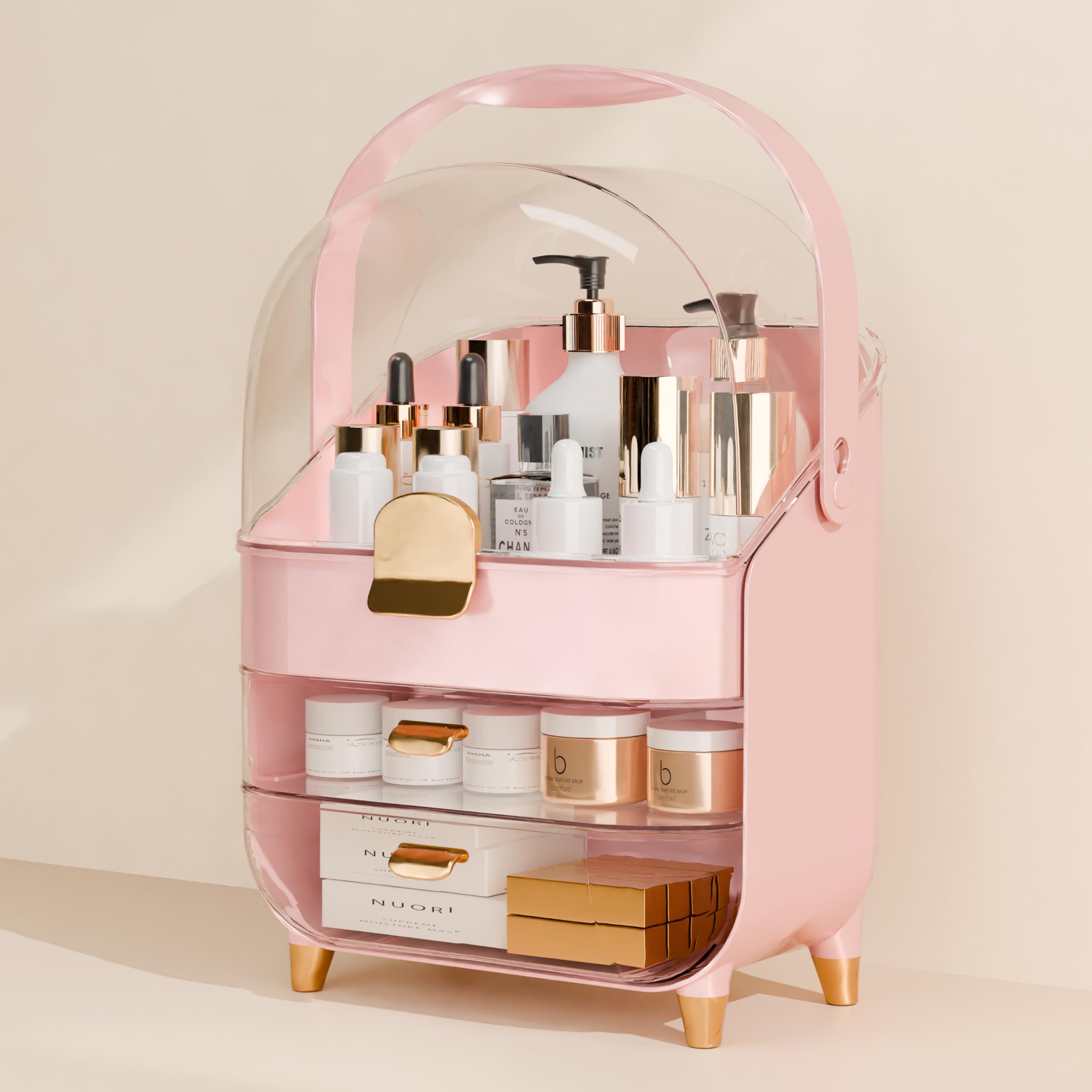 Photo 1 of *Major Damaged*
Makeup Organizer Countertop With Lid And Drawers Large Skin Care Cosmetic Display Case Holder for Vanity Desk Bathroom Storage Box,Pink