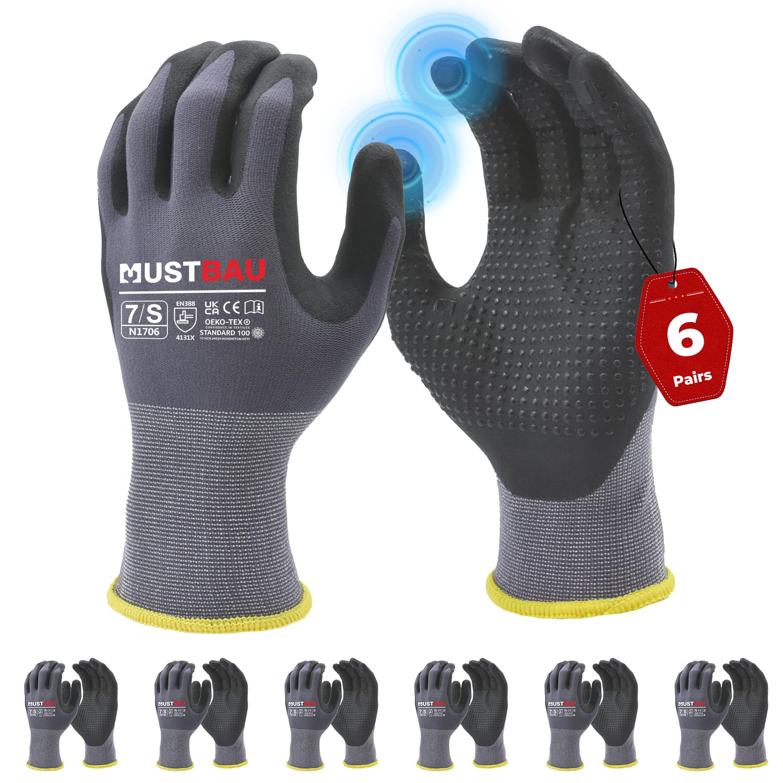 Mustbau 6 Pairs Safety Work Gloves Breathable Nitrile Coated Gloves,Knit Nylon Protective Gloves,Abrasion,Dexterity, Touch Screen, for Most Kinds of Jobs-S