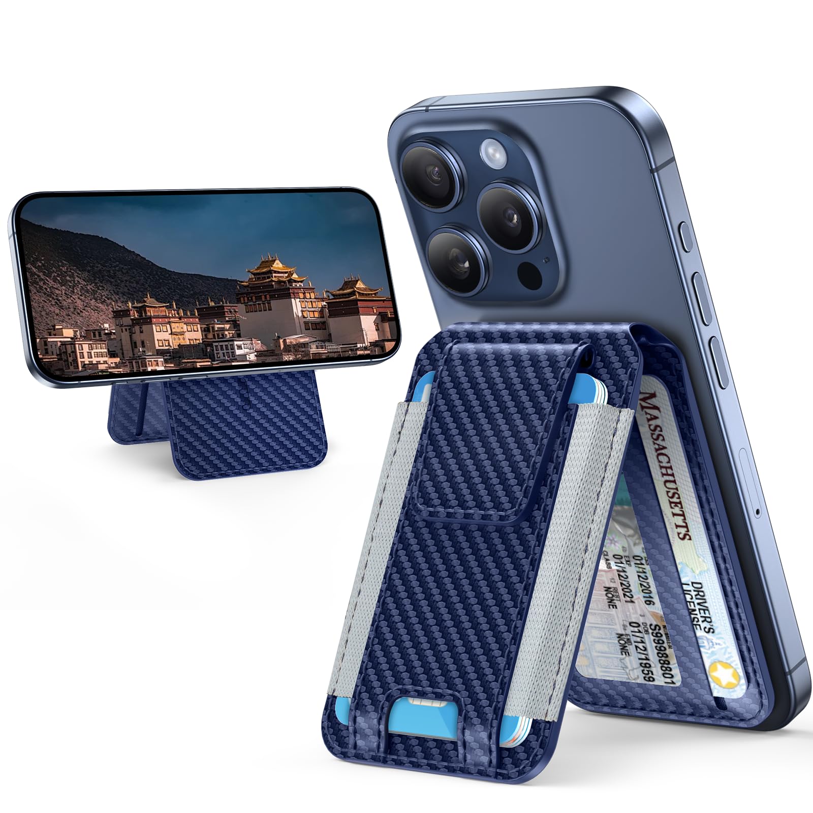 Photo 1 of Miracase Magnetic Wallet for Men/Women, Adjustable Stand & Safety Flap, Compatible with MagSafe Wallet, 3 Slots, 6-8 Card Holder for iPhone 17/16/15/14/13/12 Series, RFID Blocking, Blue Carbon Fiber
