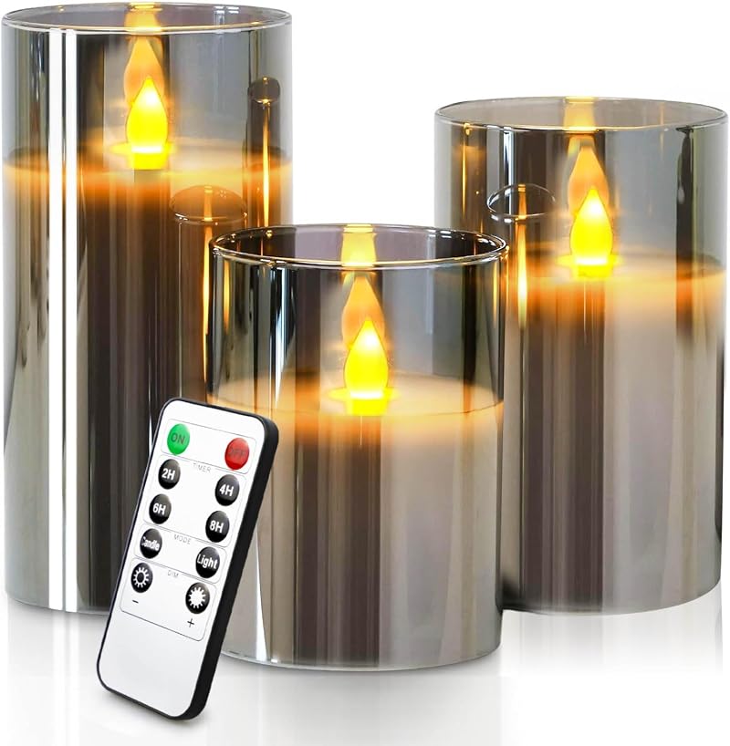 Yinuo Mirror Led Flameless Candles 3 Pack Grey Glass 4 5 6 inch with Remote