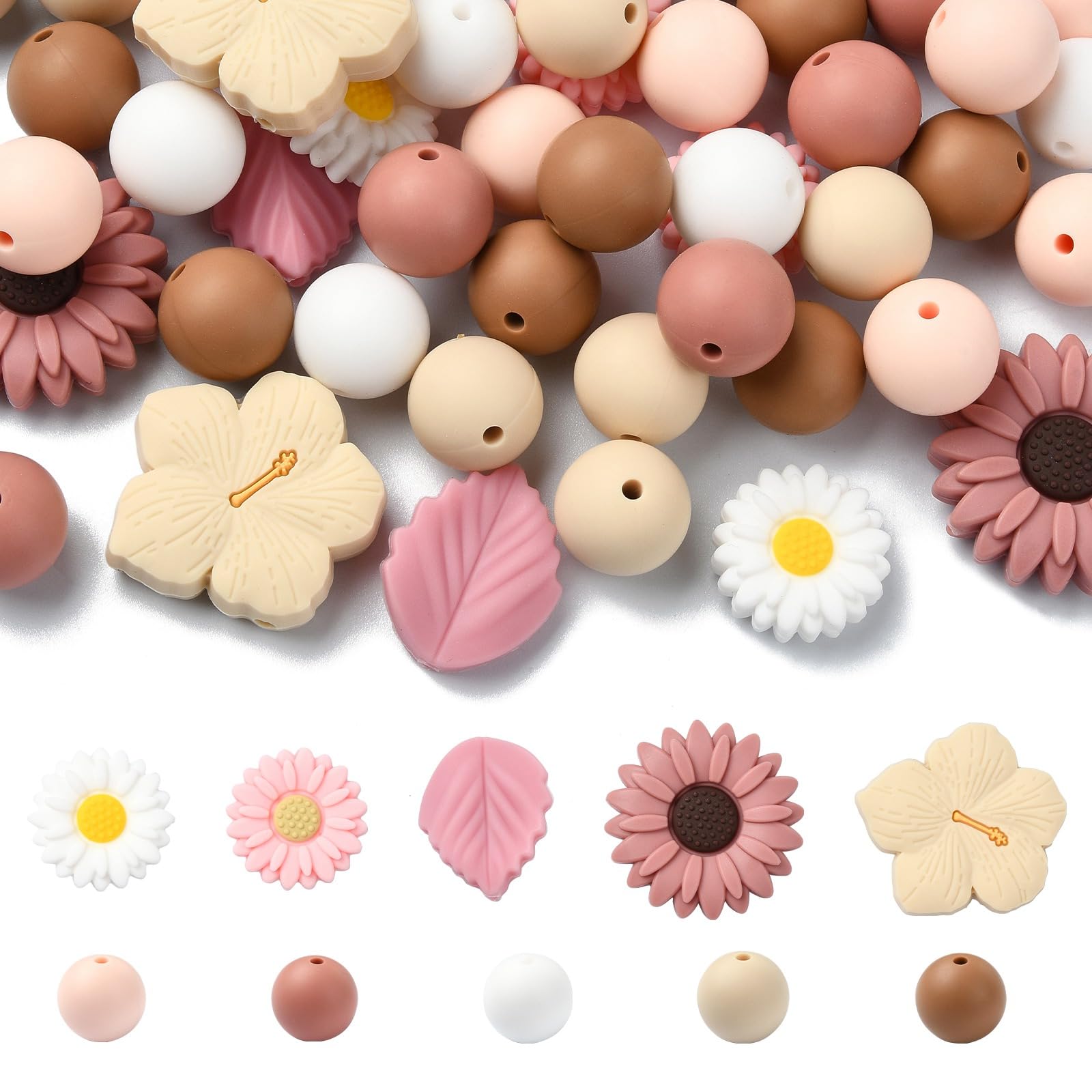 UR URLIFEHALL 100 Pcs 12 Styles Silicone Flower Leaf Round Shaped Rubber Spacer Beads for Pens Bagchain Keychain Jewellery Crafts