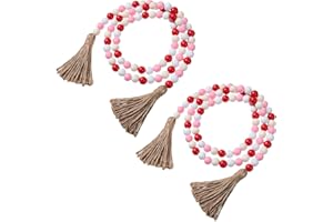 JETEC 2 Pieces Graduation Party Independence Day Summer Wood Bead Garlands with Tassels 10.8 ft Farmhouse Rustic Country Wood Bead Prayer Boho Bead Garlands for Tiered Tray Decor (Pink, Red, White, Wood)