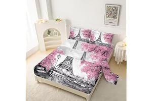 kxry Pink Paris Fitted Sheet Sets Eiffel Tower Flower French Style Bedding Sets Queen Size for Boys Kids Teens Women Bedding Set 1 Fitted Sheet + 1 Flat Sheet + 2 Pillow Cases