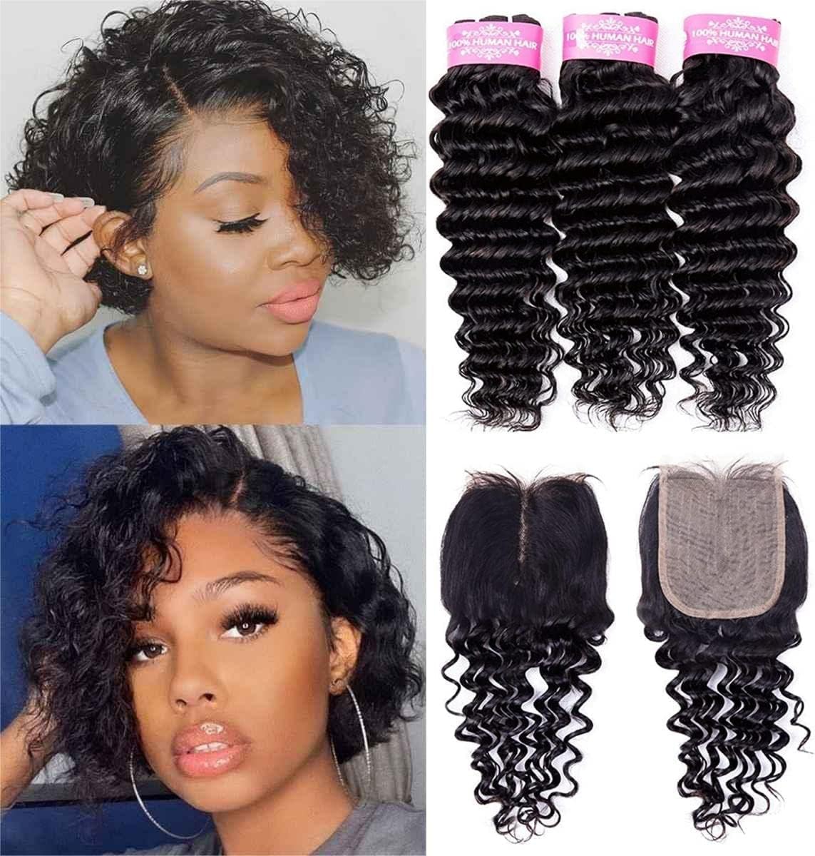 Sexycat Deep Curly Bundles with 4x4 T Part Lace Closure Human Hair 10 10 10+10 Inch 100% Unprocessed Brazilian Virgin Hair Extensions Water Wave Weave Bundles with T Part Closure — image 1