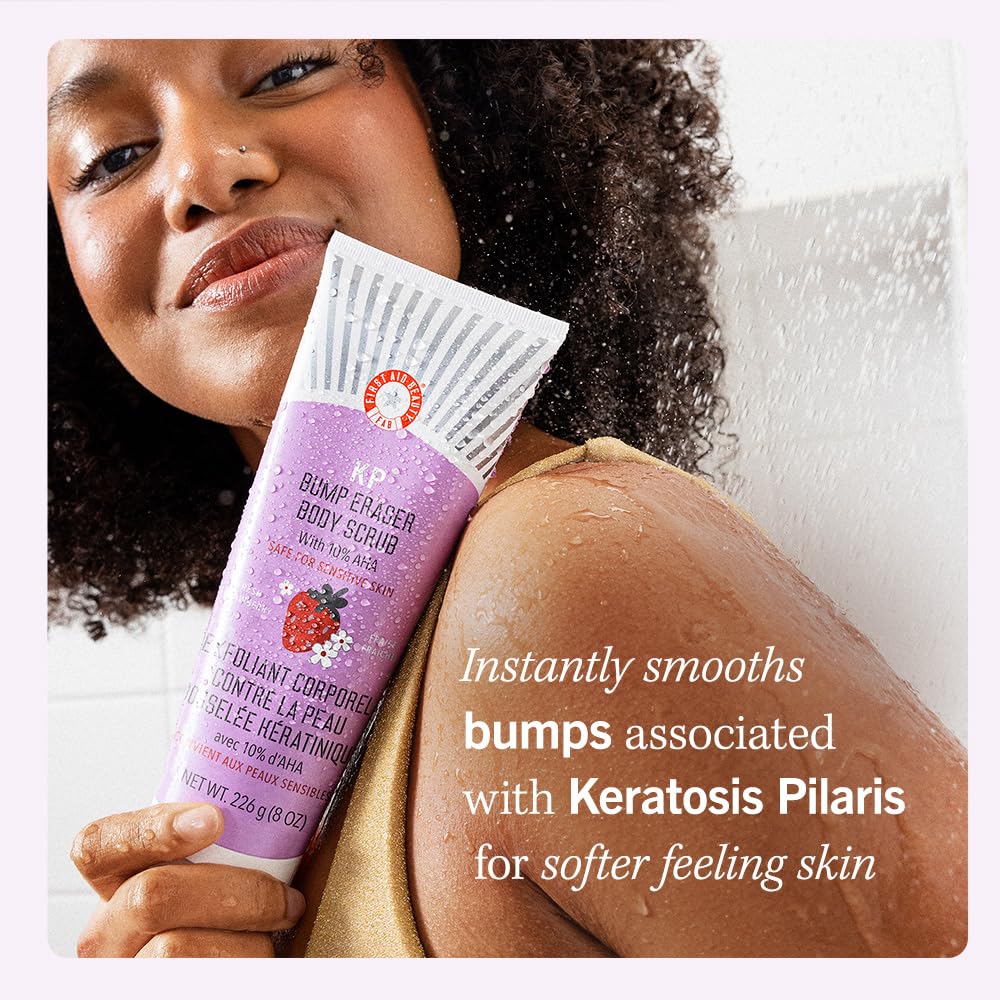 First Aid Beauty - KP Bump Eraser Body Scrub with 10% AHA, Keratosis Pilaris Exfoliater with Glycolic and Lactic acids, Helps Reduce Chicken Skin Bumps, Safe for Sensitive Skin, Strawberry Scent, 8 oz - Image 5