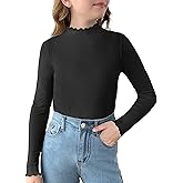 Arshiner Girls Lettuce Trim Mock Neck Long Sleeve Shirts Ribbed Knit Slim Fit Base Layer Tops Tees