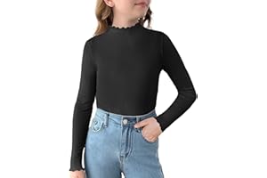 Arshiner Girls Lettuce Trim Mock Neck Long Sleeve Shirts Ribbed Knit Slim Fit Base Layer Tops Tees