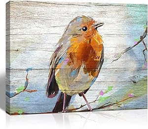 The Melody Art Watercolor Bird on Wooden Texture Background Canvas Wall Art Kitchen Accessories Wall Decorations for Living Room 12x16 in 1 PCS Stretched and Framed