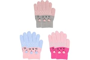 3 Pairs Toddler Gloves Kids Cute Cat Warm Winter Gloves Knitted Mittens for Girls 2-6 Years old