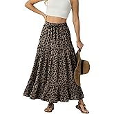 IWOLLENCE Women's Flowy Boho Elastic High Waist Maxi Skirt Floral A-Line Tiered Long Skirts for Women with Pockets