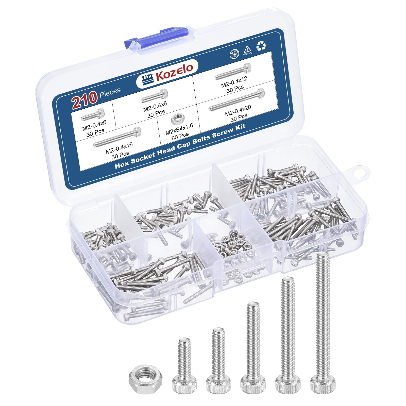 Kozelo 210pcs M2 Socket Head Cap Screws Bolts Nuts Assortment Kit - [M2x6/8/12/16/20mm] 304 Stainless Steel Allen Socket Drive for 3D Printer