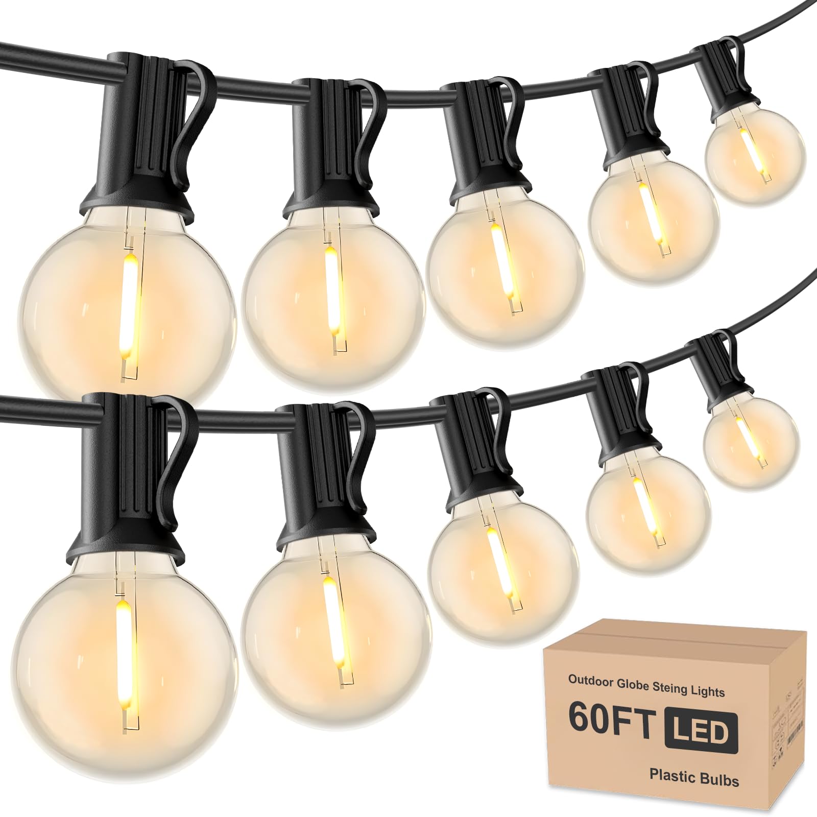 Photo 1 of RTTY Outdoor String Lights 60 ft, G40 Led Patio Globe Lights with 32pcs Plastic Bulbs,Shatterproof Waterproof Connectable Hanging for Porch Cafe Bistro Backyard Gazebo Balcony Deck Party