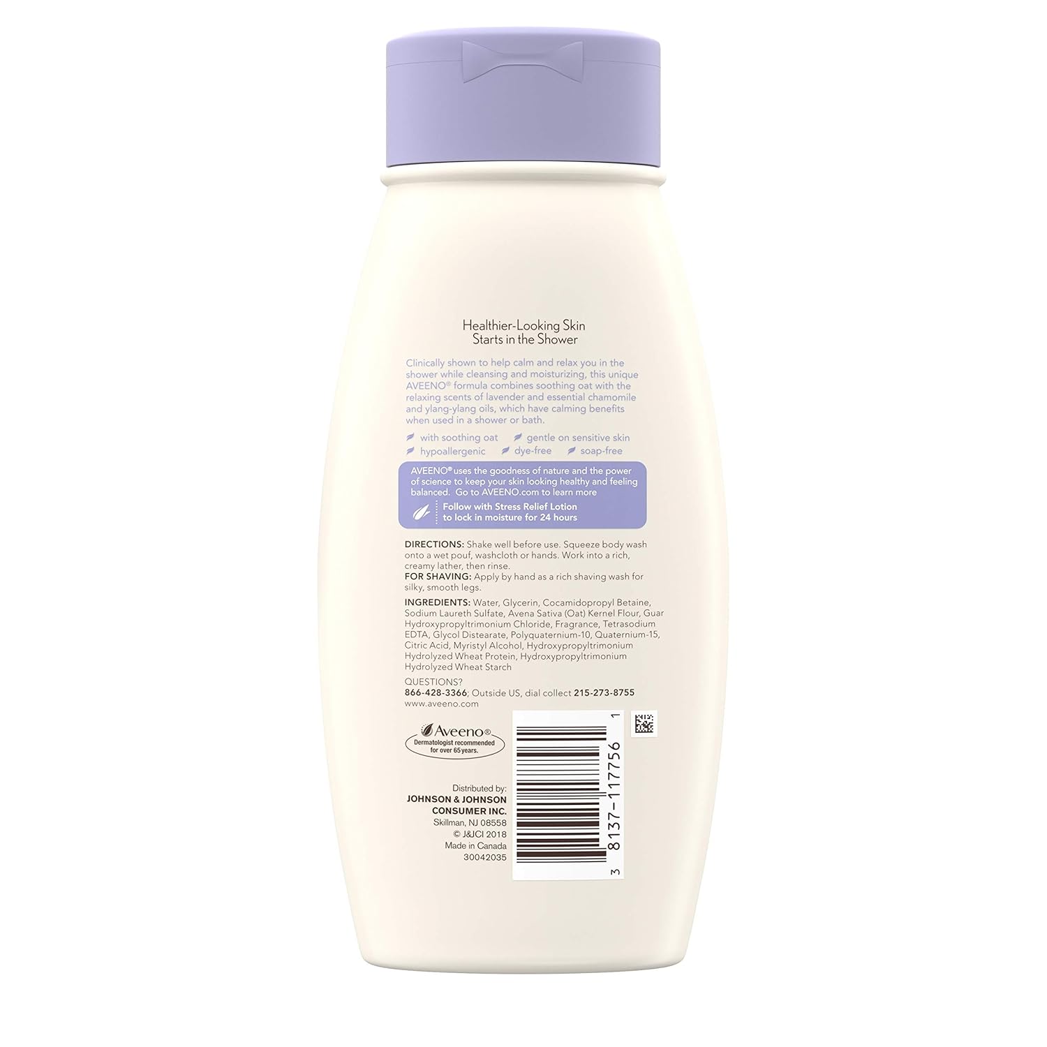 Aveeno Stress Relief Body Wash with Soothing Oat, Lavender, Chamomile & Ylang-Ylang Essential Oils, Dye- & Soap-Free Calming Body Wash for Shower Gentle on Sensitive Skin, 18 fl. oz: Beauty
