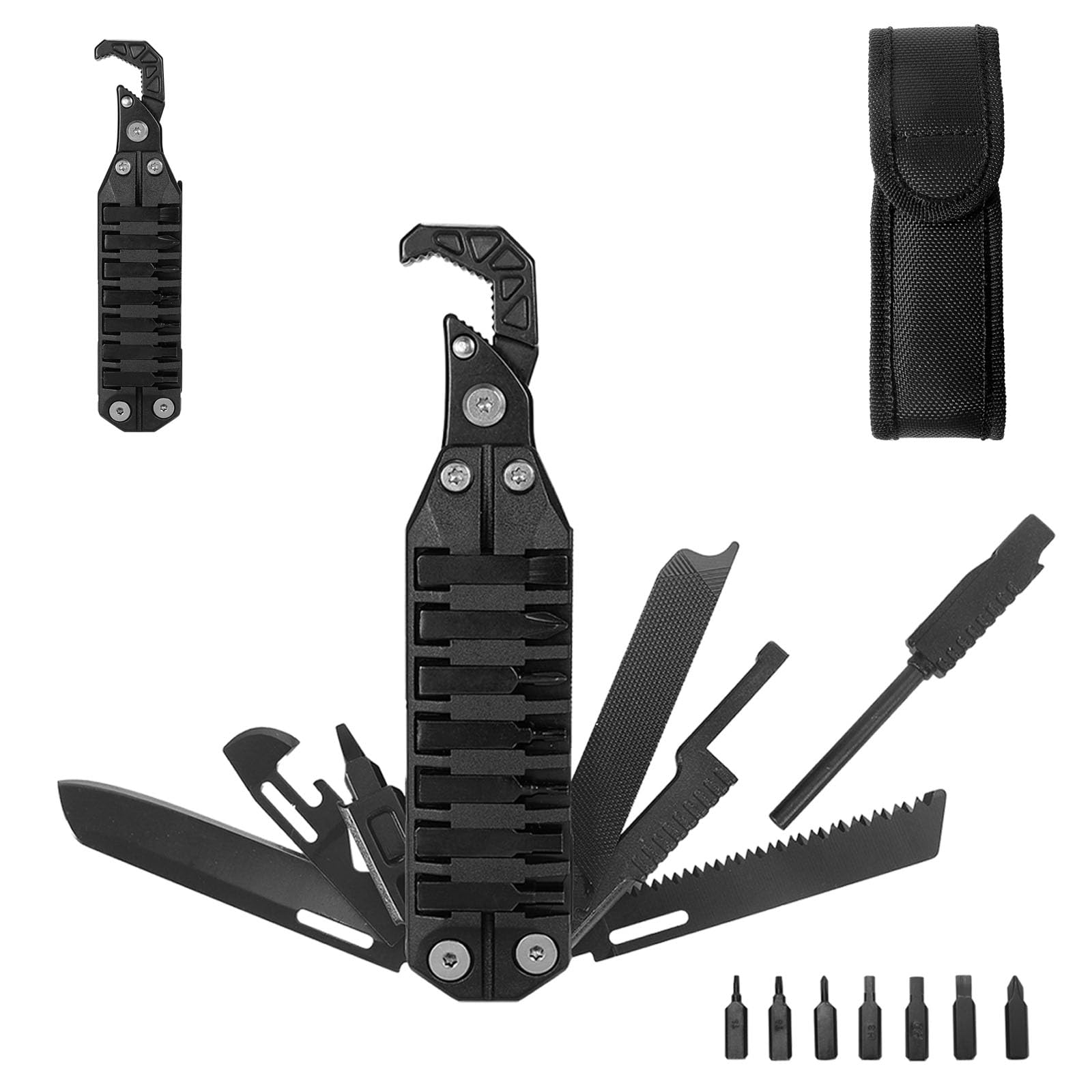 HONZIN Multitools 10 in 1 Pocket Multitool with Wrench, Can Opener, Bottle Opener, Saw, Screwdriver Set, Whistle, Fire Starter, Foldable Multi-Tool for Outdoor, Camping, Hiking, Repair, Gifts for Men