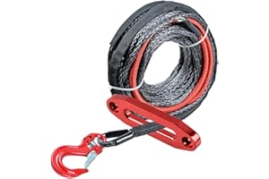 Astra Depot Synthetic Winch Rope Cable Protective Sleeve 40 inch Heat Guard 6400lbs w/RED Heavy Duty Half-Linked Hook + 6-inch Red Hawse Fairlead Recovery for ATV UTV Ramsey KFI (50ft x 1/4 inch)