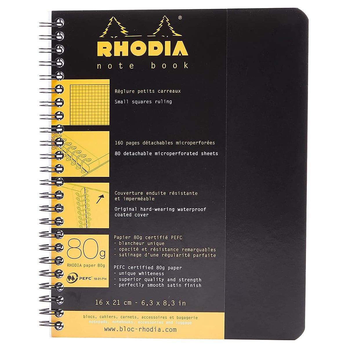 RHODIA 193429C - Spiral Notebook (Full Binding) Black Notebook - A5+ - Small Squares - 160 Detachable Pages - White Clairefontaine Paper 80 g/m - Soft and Resistant Cover - Classic — image 1