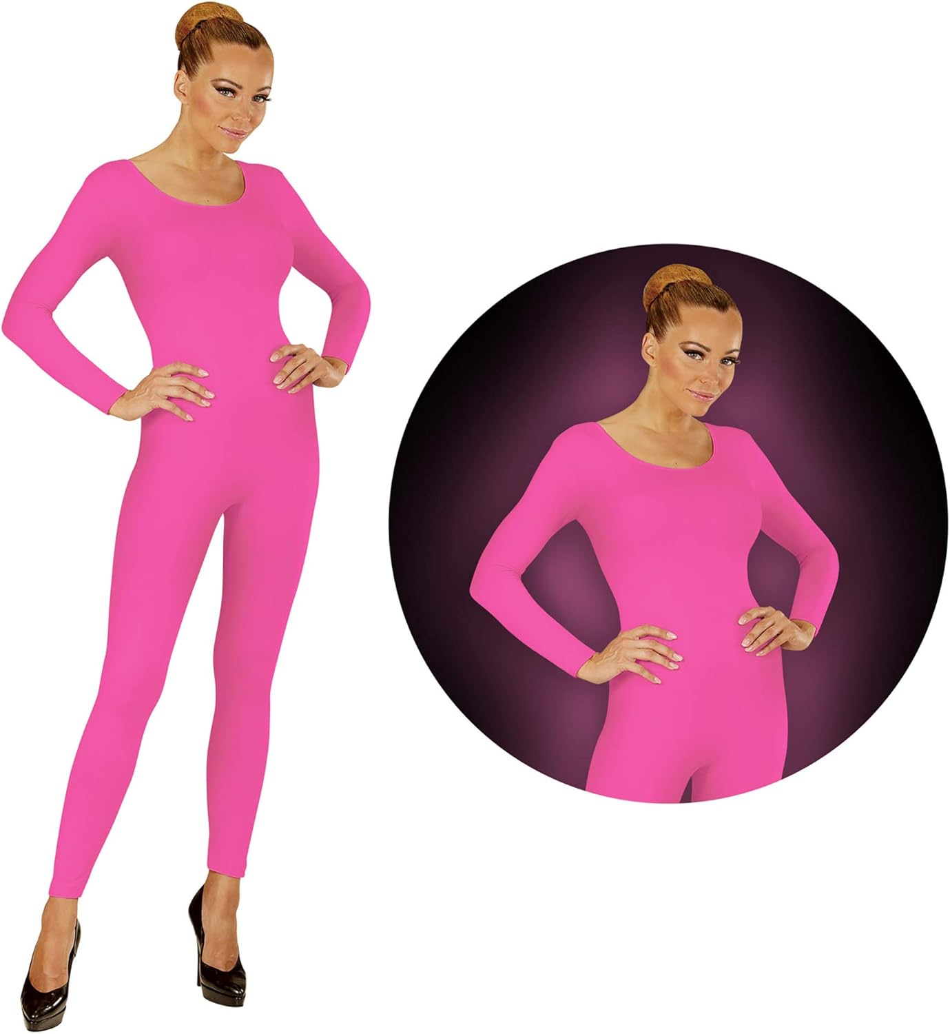 Womens Neon Pink Bodysuit Fairy Fancy Dress Costume Ladies 80S Rave Outfit S/M