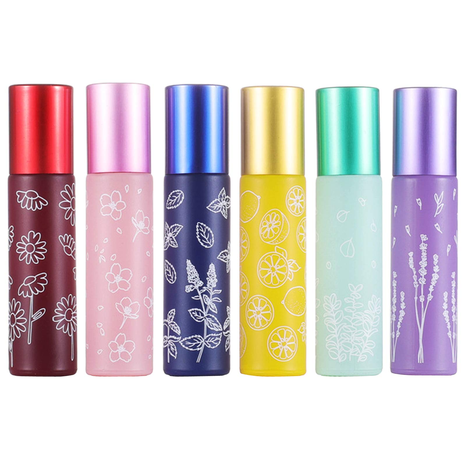 Alledomain 6Pcs, 10ml Essential Oil Roller Bottles Refillable Empty Colorful Printed Frosted Glass Roll on Bottle Clear Roll Bottles with Stainless Steel Roller Balls, Include 1 Dropper & Opener