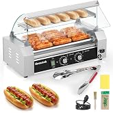 Seeutek Hot Dog Roller 5 Rollers 16 Hot Dogs Capacity 1100W | Stainless Sausage Grill Cooker Machine,Dual Temp Control,Glass Hood Acrylic Cover,Bun Warmer Shelf,Removable Oil Drip Tray