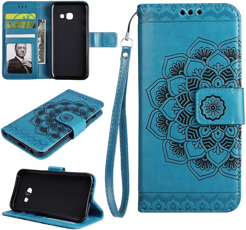 Galaxy A3 2017 Wallet Case, EST-EU Retro Mandala Embossing PU Leather Stand Function Protective Covers with Card Slot Holder Wallet Book Case for Samsung Galaxy A3 2017, Blue