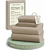 LANE LINEN 100% Organic Cotton Sheets Set Pure Long- Staple Percale Weave - Bedding for Bed Fits Mattress Upto 15" Deep Pocket (Queen Taupe)
