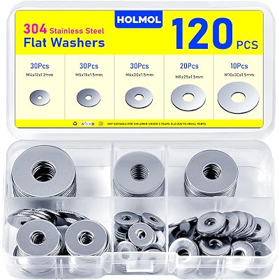 HOLMOL 120 Pcs Stainless Flat Washers Set M4 M5 M6 M8 M10 Assorted