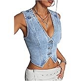 Floerns Women's Going Out Denim Vest Sleeveless Button Up V Neck Y2k Crop Tops