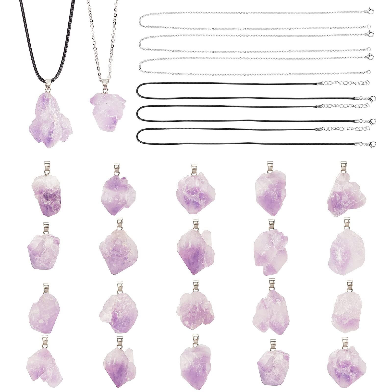 SUNNYCLUE 20Pcs Natural Amethyst Stone Necklace Irregular Rock Pendants Healing Crystal Gemstone Charms with 2 Styles 20Pcs Waxed Cotton Cord Necklace,Stainless Steel Necklaces for Necklace Making