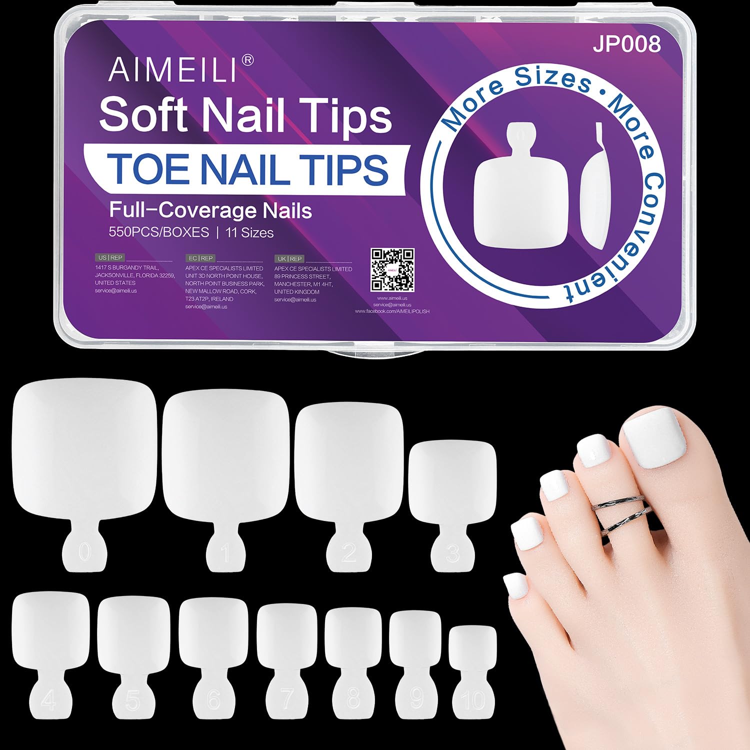 AIMEILI Soft Gel Full Cover Toe Nail Tips, 550PCS White Gel Nail Tips False Nail Artificial for Nail Extension, Acrylic False Press on Nails with Case for Nail Art Salon and Home DIY, 11 Sizes 008