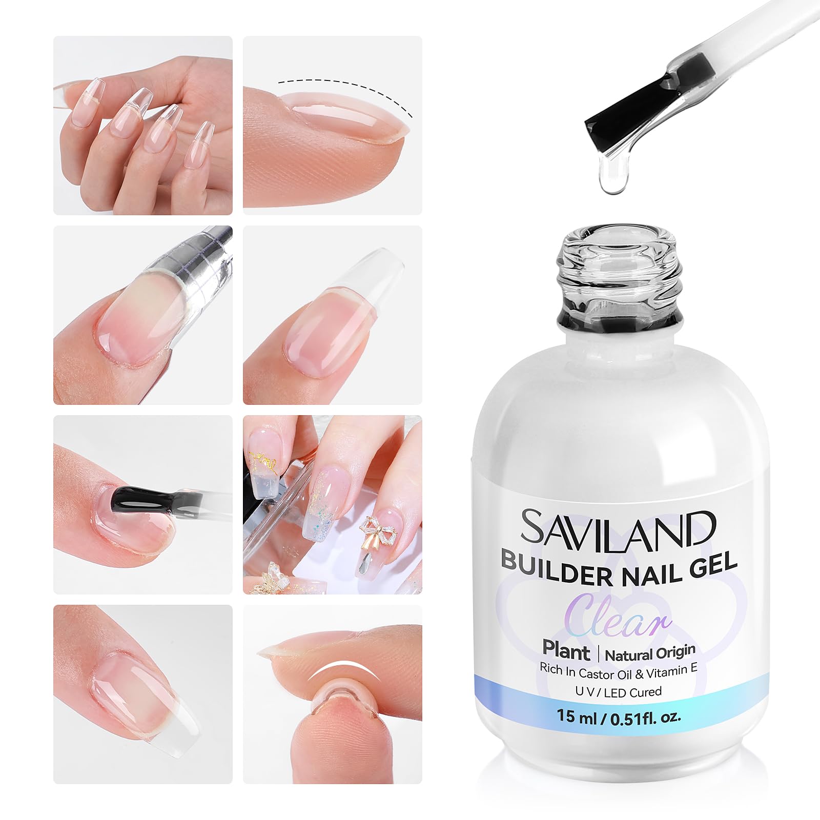 SAVILAND Clear Builder Nail Gel: 8 in 1 Gel Builder for Nails with Vitamin E & Castor Oil, Plant-Based Nail Strengthener Thickening Extension Gels in a Bottle Fix Curved Nails Rhinestone Glue Home Use