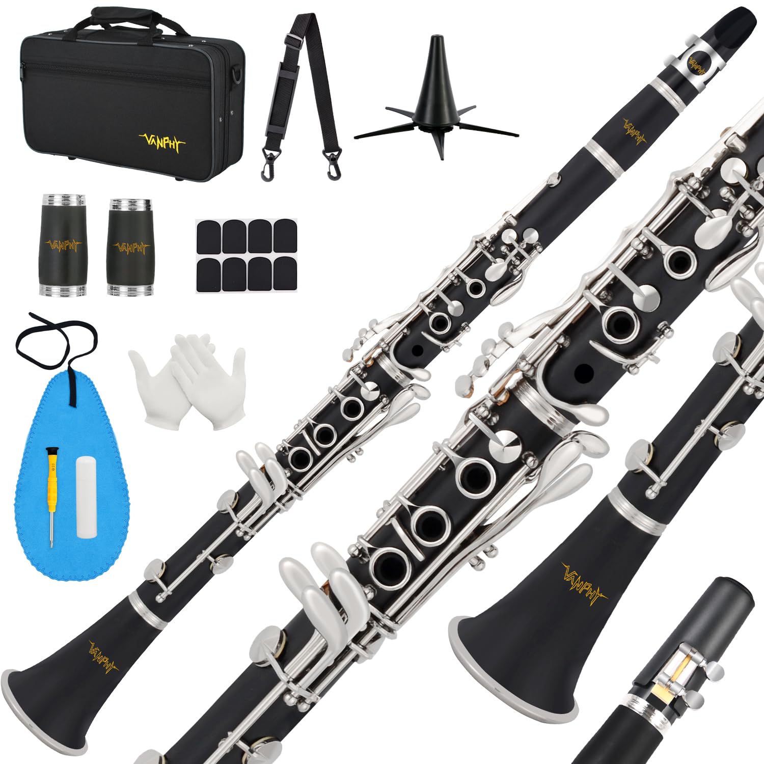 Photo 1 of Bb Clarinet For Beginners Students B Flat Clarinet 17 Keys Clarinets with Case Stand Strap 2 Barrels 8 Mouthpiece Cushion White Gloves Cleaning Kit (Black)