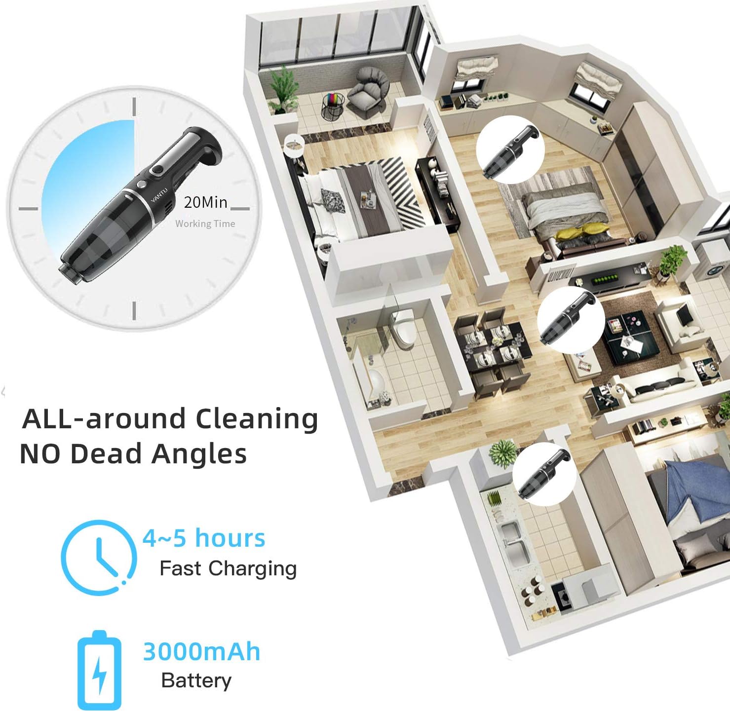 Cordless Handheld Vacuum, YANTU Car Vacuum Cleaner High Power for Quick Car Cleaning, Portable Mini Auto Vacuum Cleaners for Home and Car, DC 12V, 4500PA -