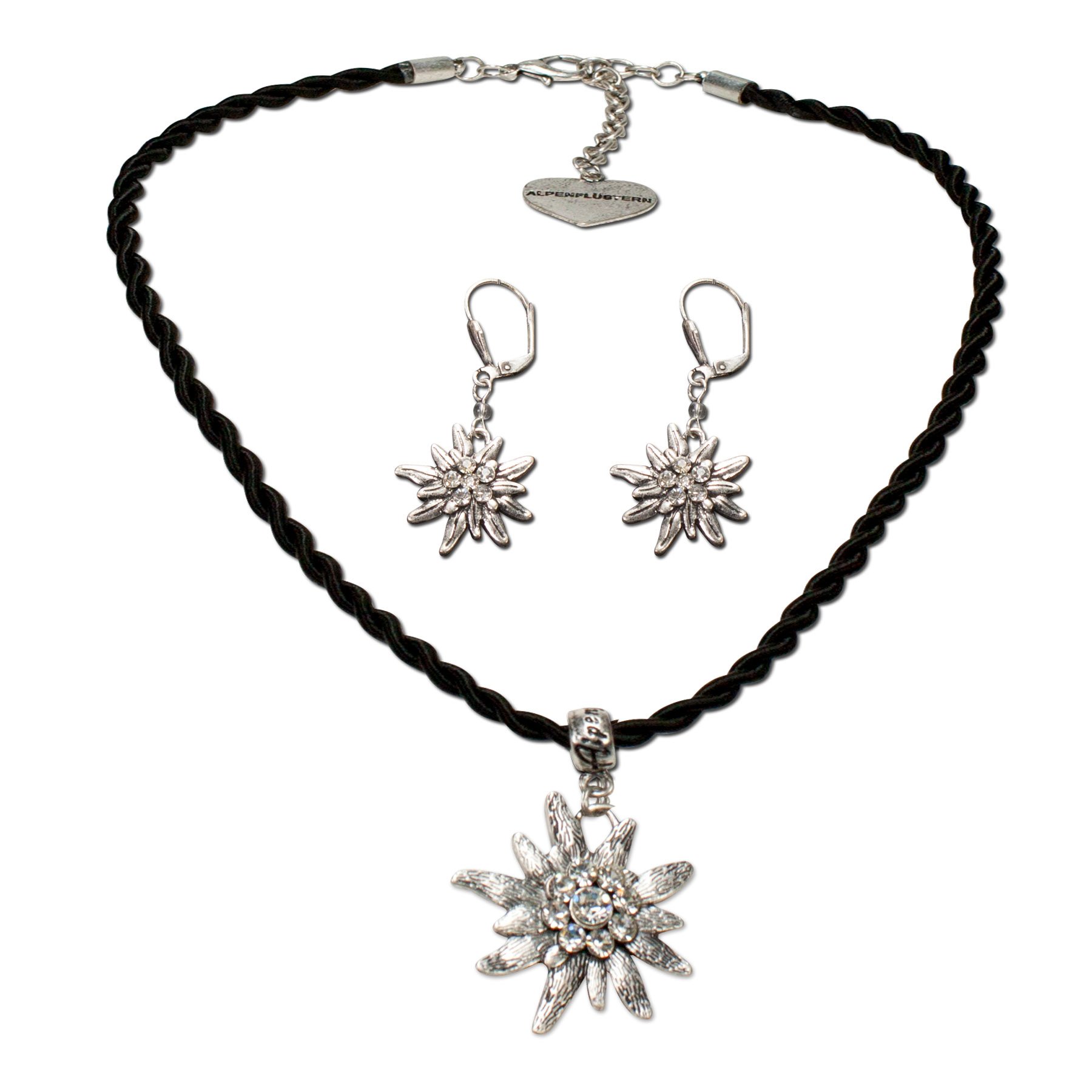 Alpenflüstern Costume Rope Costume Jewellery Set of Necklace and Earrings Sparkling Edelweiss Flower Women's Dirndl Trachten, Trachten Jewellery Set Necklace and earrings in black SET021