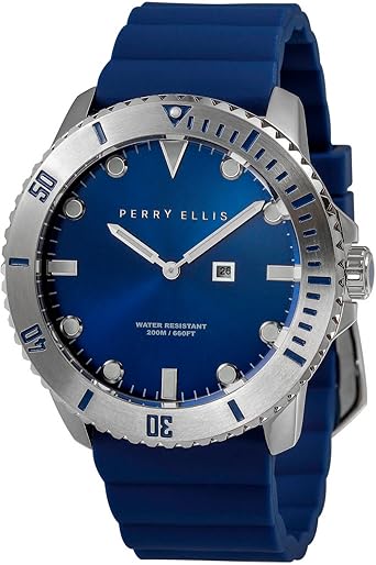 Amazon Com Perry Ellis Mens Watch Unisex Deep Diver Analog Quartz Watch With Silicone Rubber Band Waterproof Blue Dial Men 02002 03 Watches