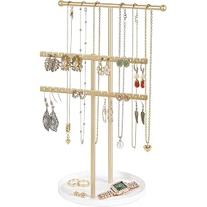Mkono 3 Tier Jewelry Organizer Stand Gold Necklace Display Holder with Tray | Bracelets Earrings Hanger, Rings Watches Storag