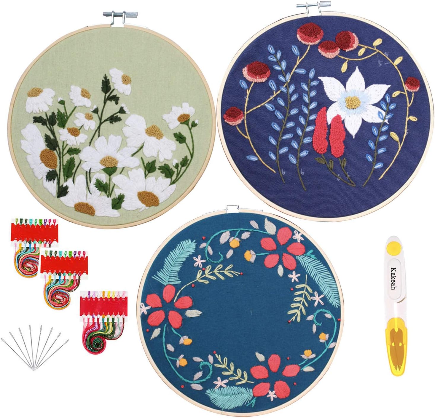 kakeah 3 Sets Embroidery Starter Kit with Pattern and Instructions, Cross Stitch Kit Include 3 Embroidery Clothes with Floral Pattern, 3 Plastic Embroidery Hoops, Tools, Color Threads