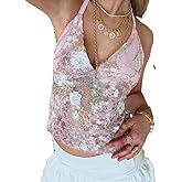 Women Y2K Sequined Halter Camisole Sparkly Beaded Tie Back Tank Top V Neck Backless Crop Cami Sexy Going Out Top