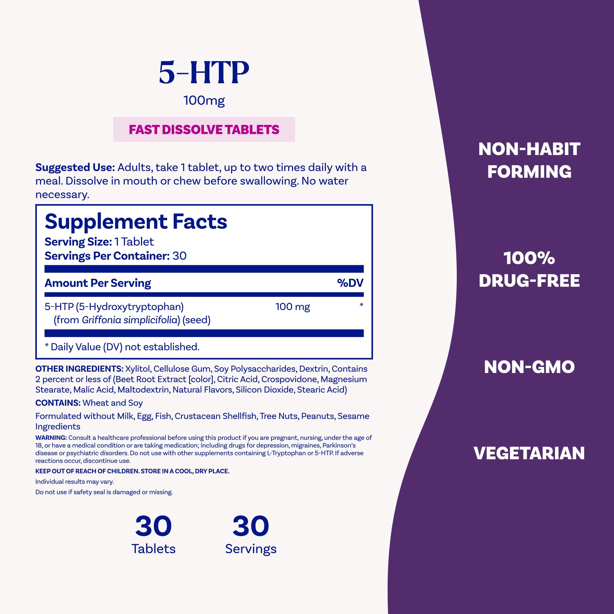 Natrol 5-HTP 100 mg, Fast Dissolve Supplement, Supports a Balanced Mood, Serotonin Production and General Well-Being, 30 Mixed Berry Tablets, Up to a 30 Day Supply