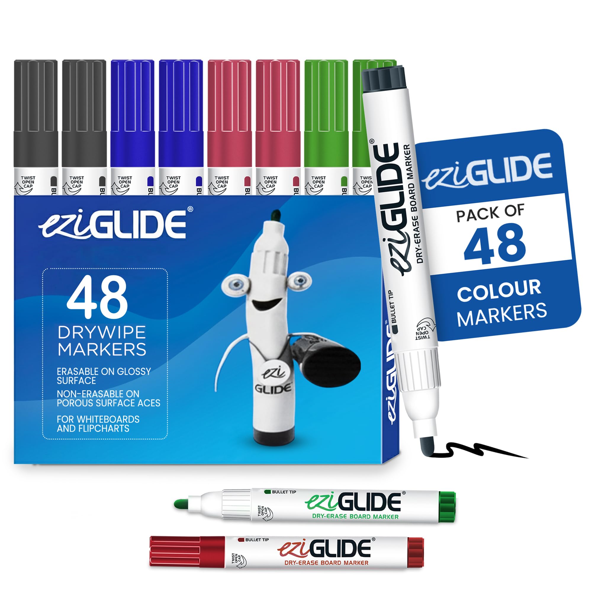 Eziglide Assorted Bullet Tip Drywipe Whiteboard Pens, Bulk Pack of 48 Assorted Colour Markers, No Residue Ink, Hard-wearing Fibre Medium Bullet Tip Dry Wipe Pen, Black, Red, Blue and Green