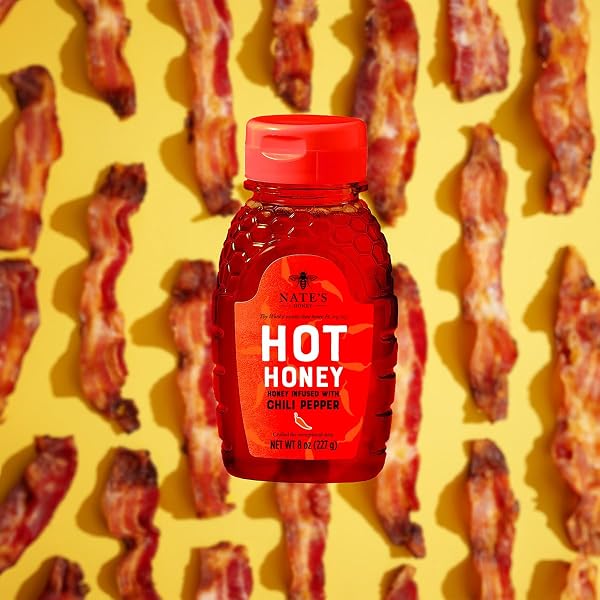 NATE’S HOT HONEY – 100% PURE HONEY INFUSED WITH HABANERO CHILI PEPPER FLAKES, AWARD-WINNING TASTE – 8 OZ SQUEEZE BOTTLE