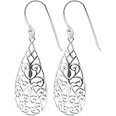 Teardrop Vintage Filigree Dangle Drop Earrings, 925 Sterling Silver, Bohemian Boho Style, 1.75" Inch Length