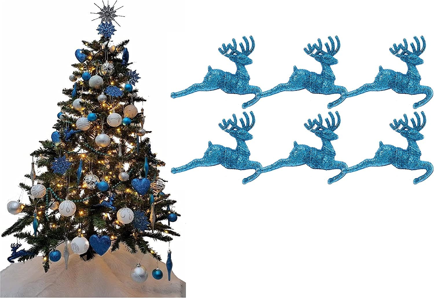 UKDeals Direct® TURQUOISE COLLECTION CHRISTMAS DROPLET BAUBLES TREE DECORATIONS GLITTER MATT ICICLES & REINDEER (Pack of 6 Reindeer)